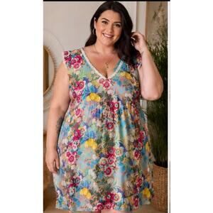 Johnny Was 3X 100% Silk Floral Fruit Print Boho Tunic Dress Empire Waist